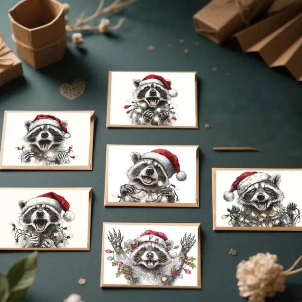 Festive Funny Raccoon Christmas Card Set - 6 Styles